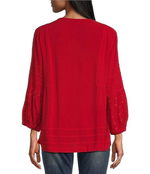 John Mark Embroidered Split Round Neck 3/4 Sleeve Tunic Top Product Image