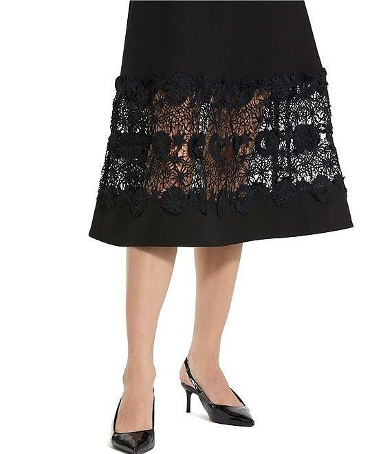 Mac Duggal Crepe Round Neck Short Sleeve Applique Lace Belted Midi A-Line Dress Product Image