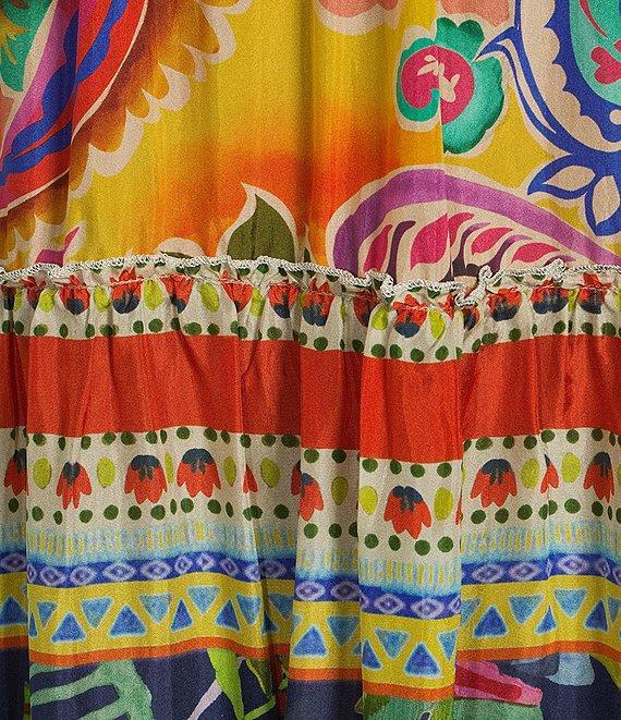 JOHNNY WAS Regia Silk Patchwork Boho Print Split V-Neck 3/4 Sleeve Button Front Tiered Midi Dress Product Image