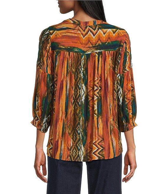 Intro Petite Size Crinkle Gauze Ikat Print Crew Neck 3/4 Sleeve Smocked Detail Button-Front Blouse Product Image