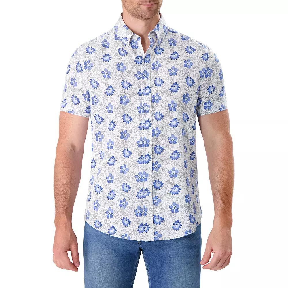 Men's Report Collection Short Sleeve Stretch Tropical Print Woven Button-Down Shirt, Size: XL, Light Blue Product Image