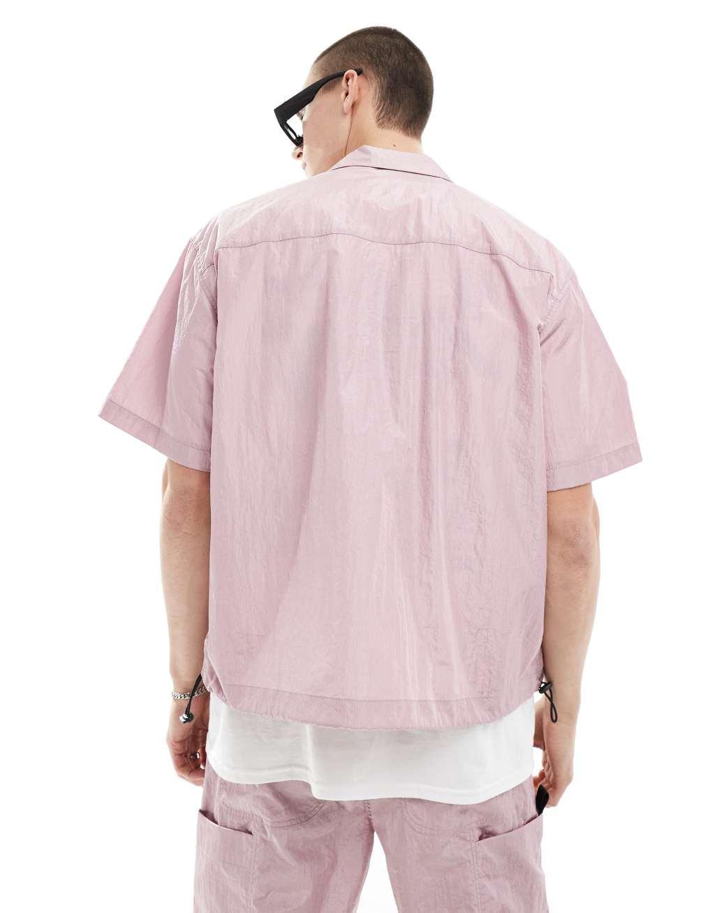 ASOS DESIGN short sleeve boxy oversized revere utility shirt in dusty pink - part of a set Product Image