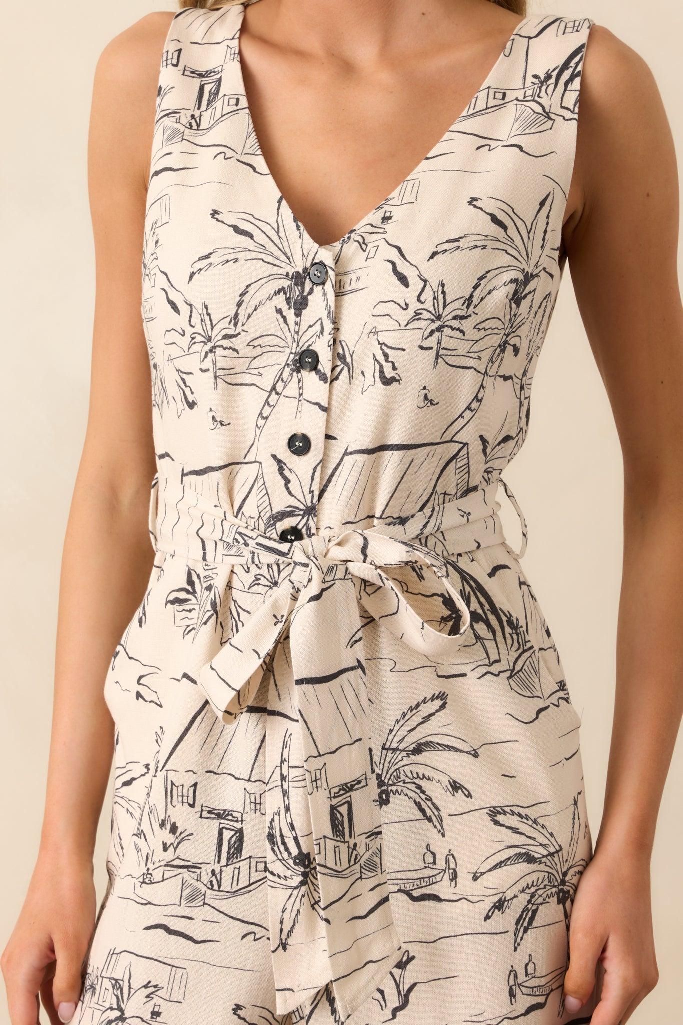 Living For This Ivory Tropical Print Linen Blend Sleeveless Jumpsuit Product Image