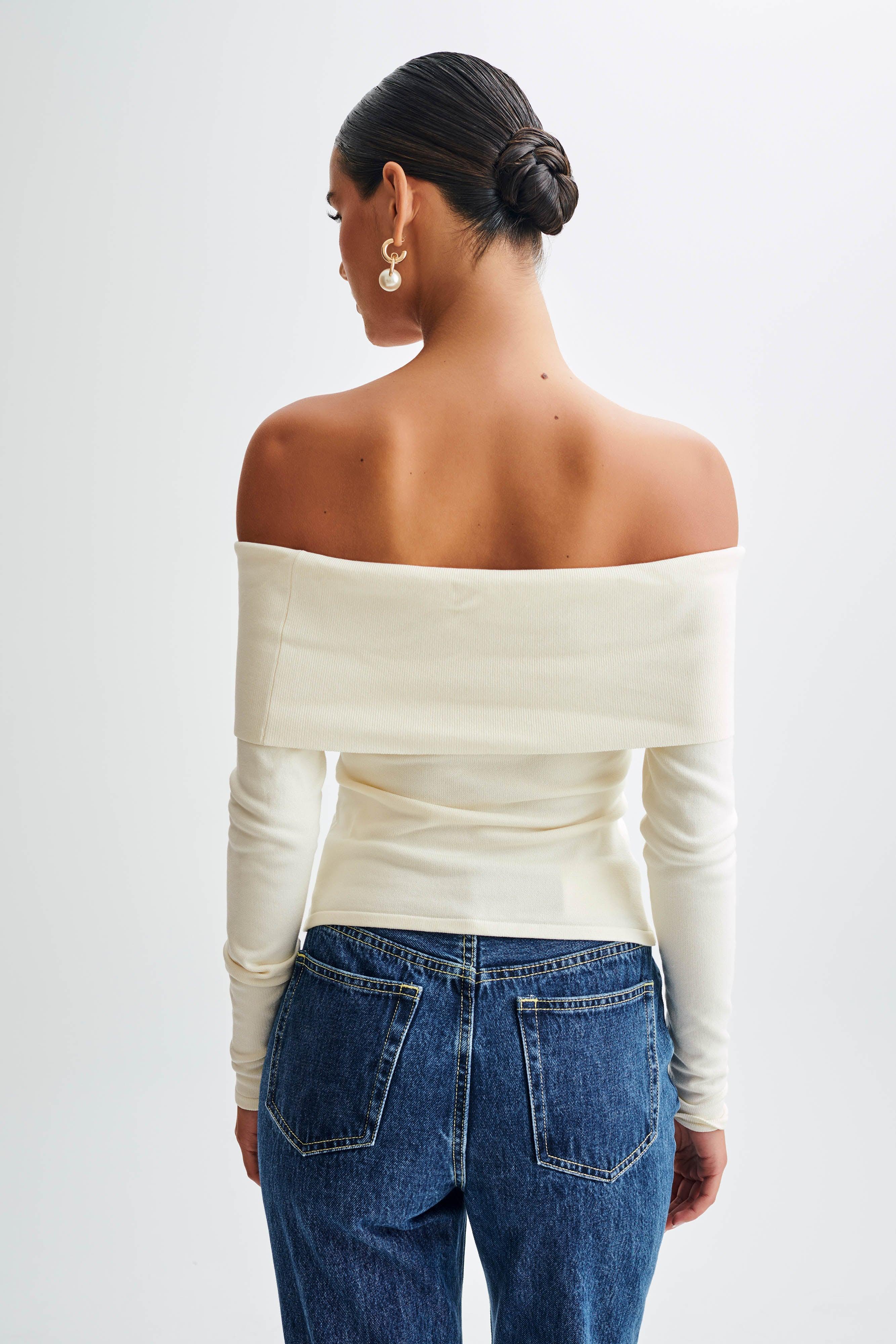 Diedre Buttoned Off Shoulder Knit Top - White Product Image