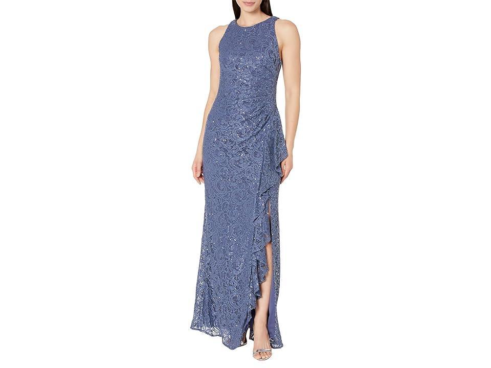 Alex Evenings Crew Neck Sleeveless Cascade Ruffle Thigh High Slit Sequin Lace Stretch Gown Product Image