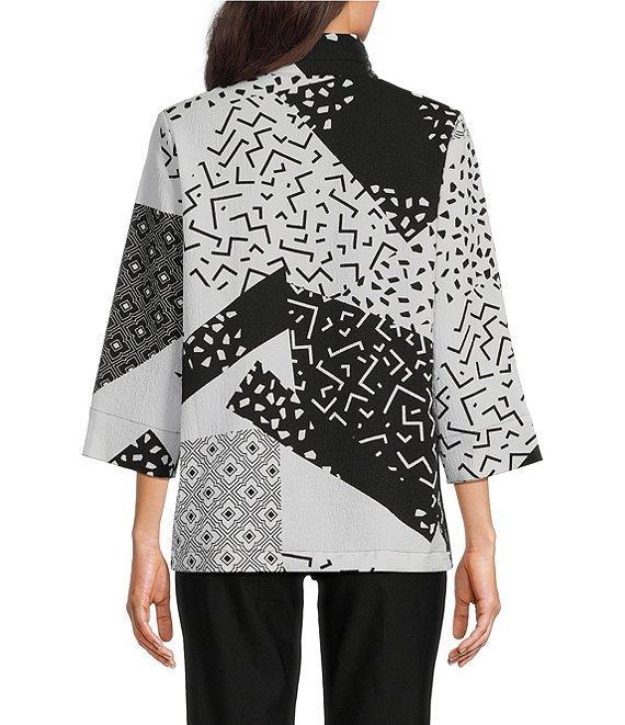 Ali Miles Petite Size Woven Geometric Abstract Print Wire Collar 3/4 Sleeve Button-Front Tunic Product Image