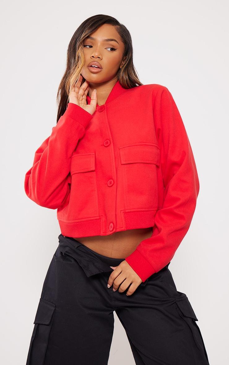 Red Soft Touch Cropped Button Up Jacket Product Image