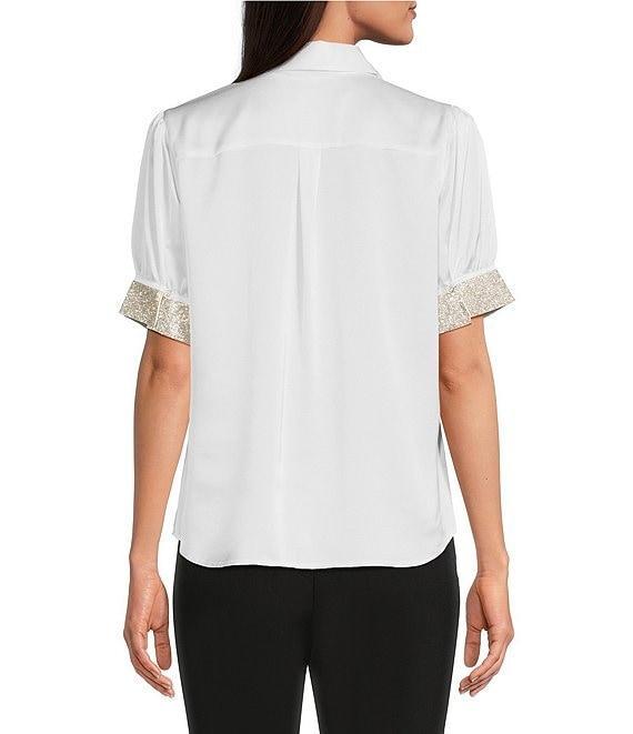 KARL LAGERFELD PARIS Tech Satin Point Collar Short Trim Sleeve Embellished Button-Front Blouse Product Image