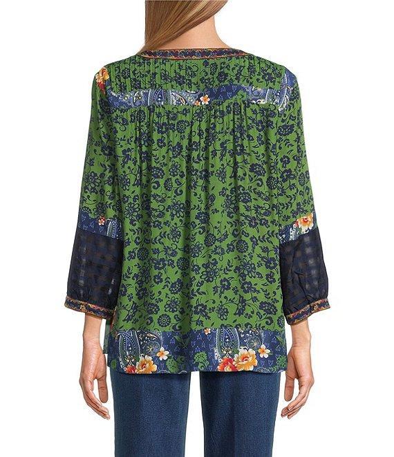 John Mark Embroidered Printed Y-Neck 3/4 Sleeve Pintuck Peasant Tunic Product Image