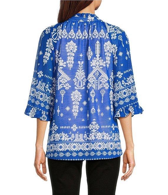 Calessa Mesh Knit Split V-Neck 3/4 Sleeve Border Henna Print Tunic Product Image