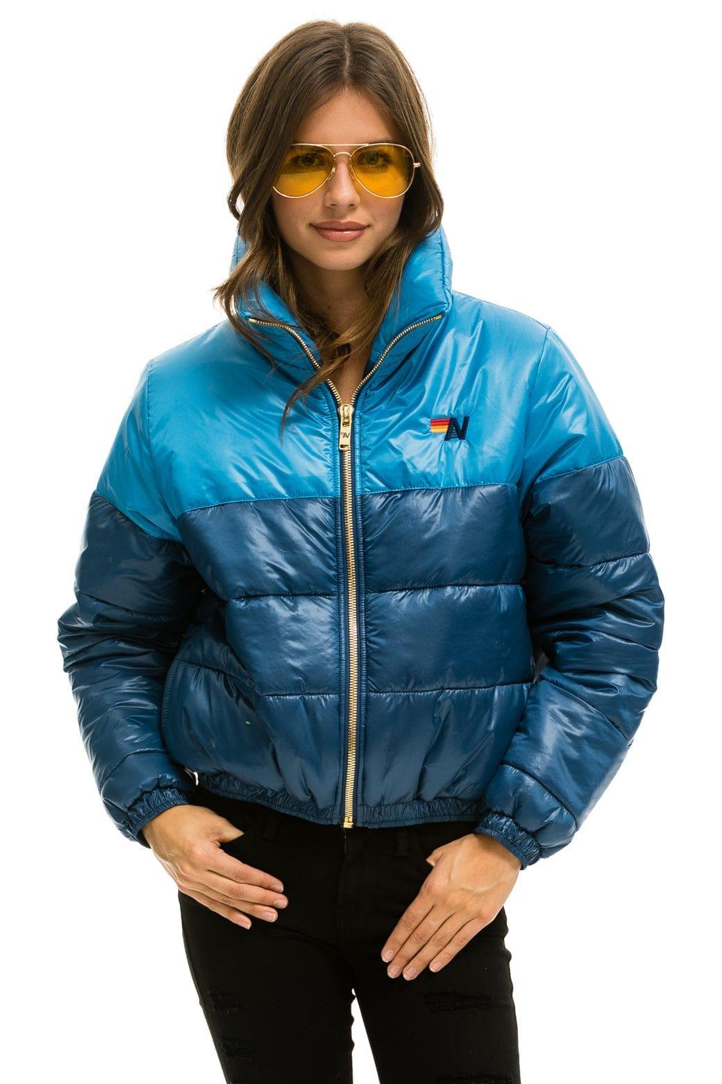 COLOR BLOCK HALF AND HALF APRES PUFFER JACKET - OCEAN GLOSSY Female Product Image
