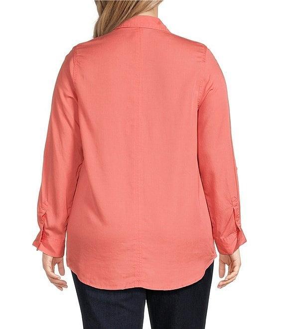 Intro Plus Size Button Front Slub Point Collar Roll-Tab Long Sleeve Lyocell Shirt Product Image