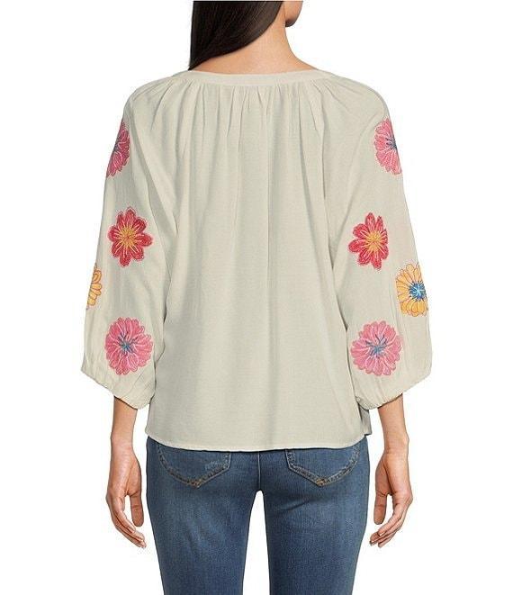 Tru Luxe Jean Split V-Neck 3/4 Sleeve Embroidered Popover Top Product Image