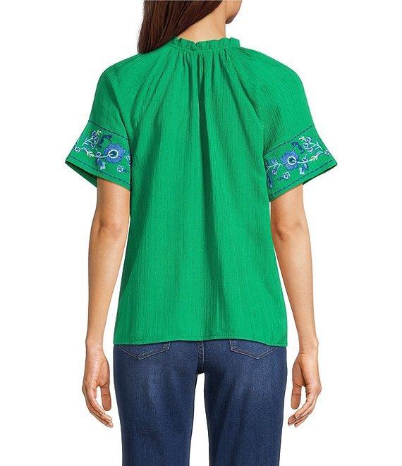 Calessa Embroidered Split V-Neck Short Sleeve Button Front Tunic Product Image