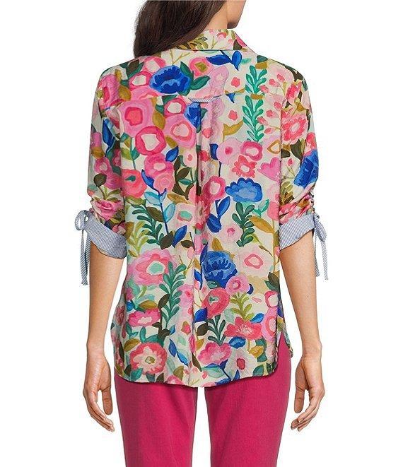 John Mark Woven Floral Camp Notch Collar 3/4 Cinch Tie Sleeve Shirt Product Image
