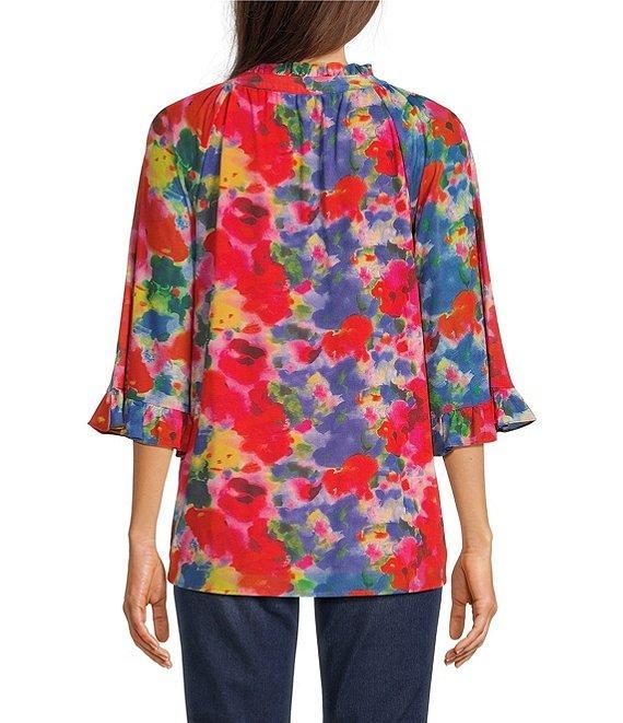 Calessa Petite Size Mesh Abstract Print Split V-Neck 3/4 Sleeve Button Front Tunic Product Image