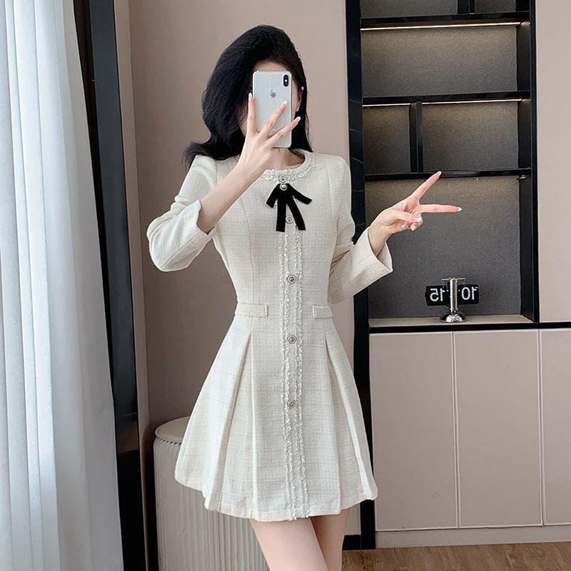 Long-Sleeve Crewneck Button-Up Mini A-Line Dress Product Image