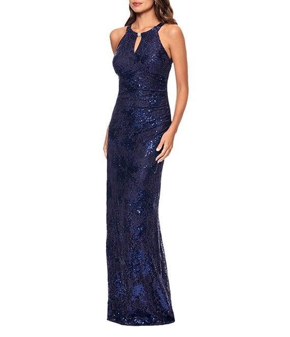 Betsy & Adam Keyhole Neck Sequin Lace Aline Gown Product Image