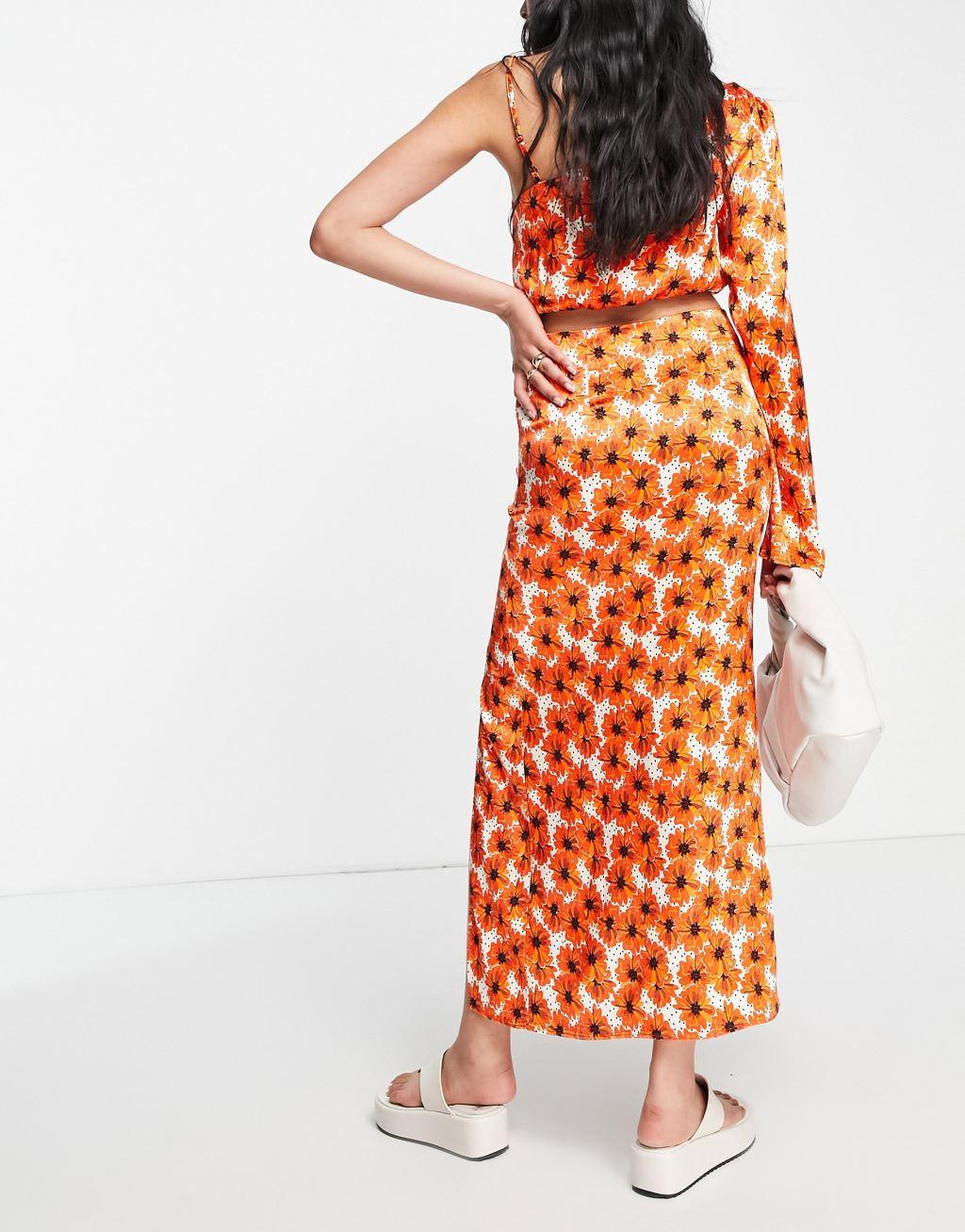 Topshop ruched split front poppy print midi skirt in red - part of a set Product Image