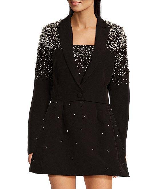 Muse by Marchesa Moonflower Crepe Jeweled Beaded Pearl Notch Lapel Long Sleeve Button Front Cropped Coordinating Blazer Product Image