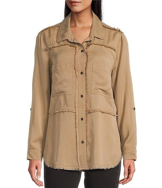 Multiples Lyocell Twill Point Collar Long Roll-Tab Sleeve Button-Front Fringed Shirt Product Image
