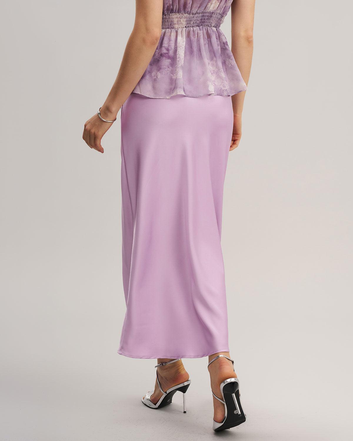 Purple Elastic Waist A-Line Midi Skirt Product Image