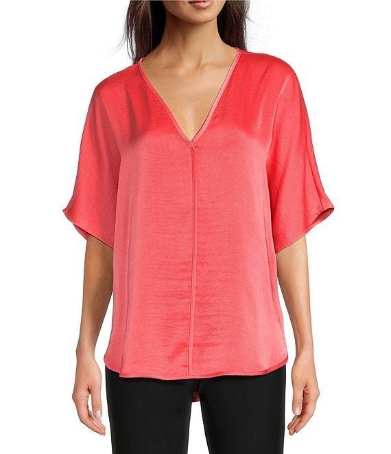 DKNY by Donna Karan Woven V-Neck Short Sleeve Blouse Product Image