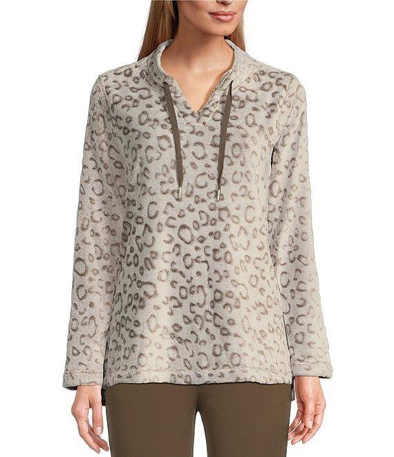 Multiples Plush Embossed Printed Drawstring Split V-Neck Long Sleeve Pullover Top Product Image