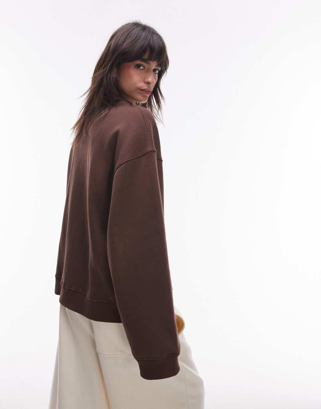 Topshop oversized seamed sweatshirt in dark brown Product Image