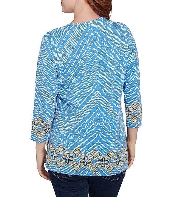Ruby Rd. Knit Embellished Medallion Placement Border Print Split V-Neck 3/4 Sleeve Top Product Image