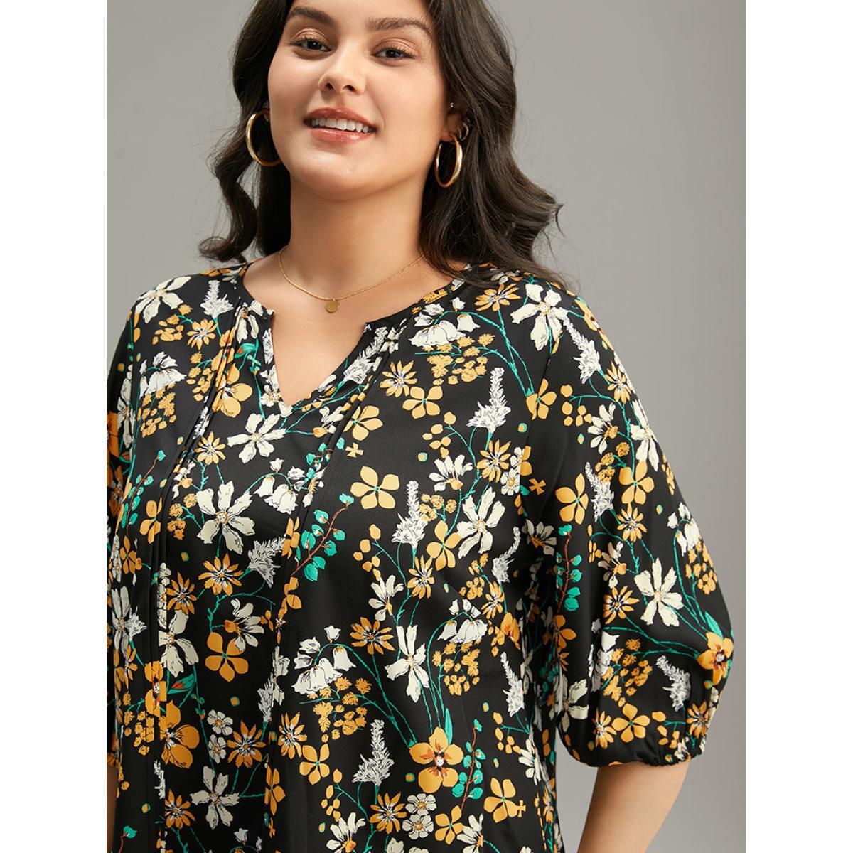 Plus Size Black Floral Print Pleated Notched Lantern Sleeve Blouse Women Elegant Elbow-length sleeve Notched collar Dailywear Blouses BloomChic 10/M Product Image