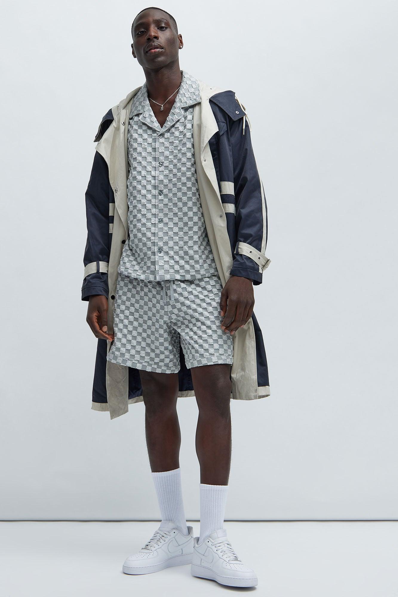 Crinkled Checkers Shorts - Grey Product Image