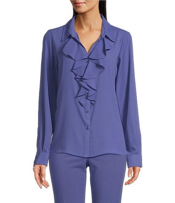 Calvin Klein Solid Georgette Point Collar Long Sleeve Ruffle Front Blouse Product Image
