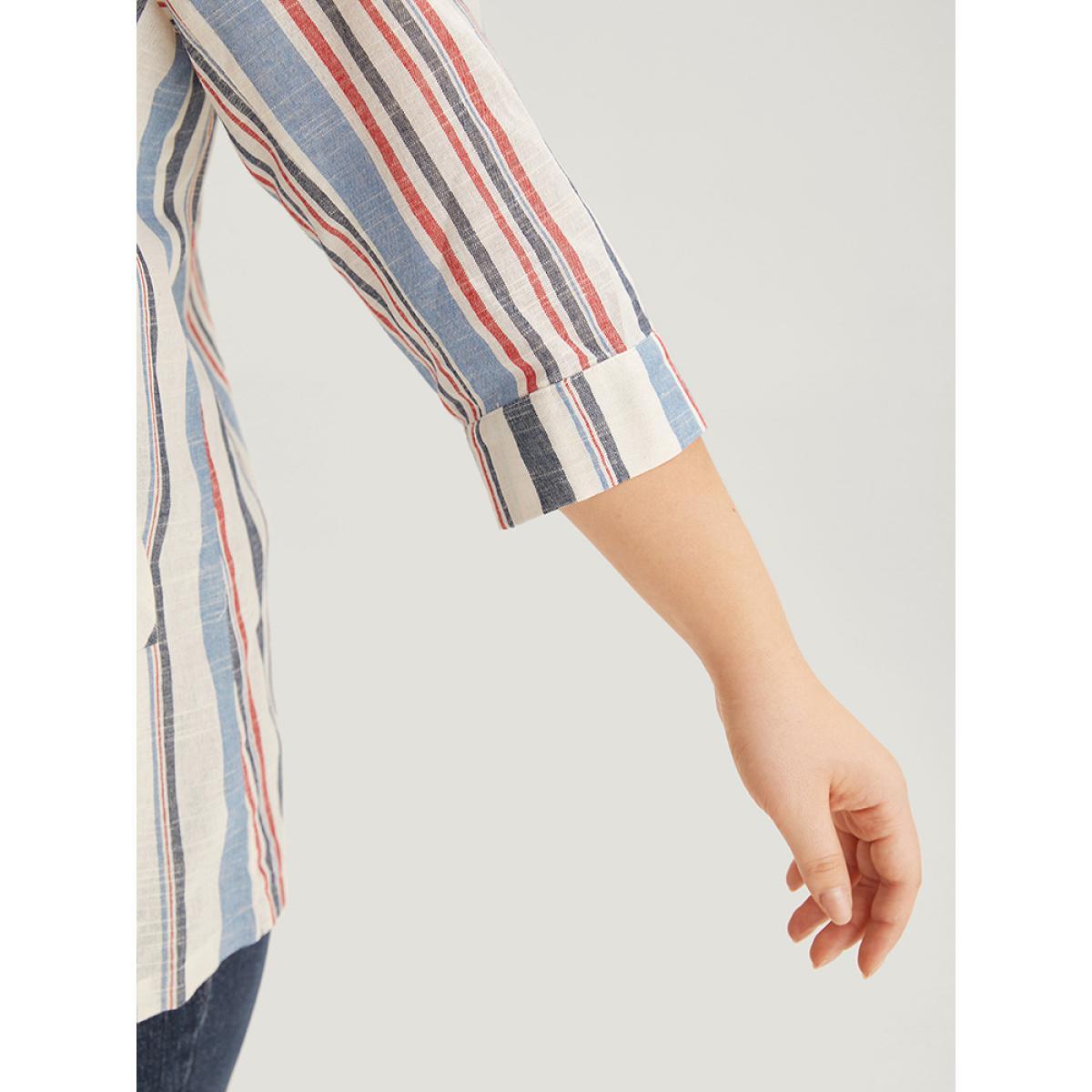 Plus Size Striped Lapel Collar Pocket Open Front Blazer DarkBlue Women Dailywear Striped Pocket Sleeve Elbow-length sleeve Lapel Collar 22-24/3X Pocket Casual Blazers BloomChic Product Image