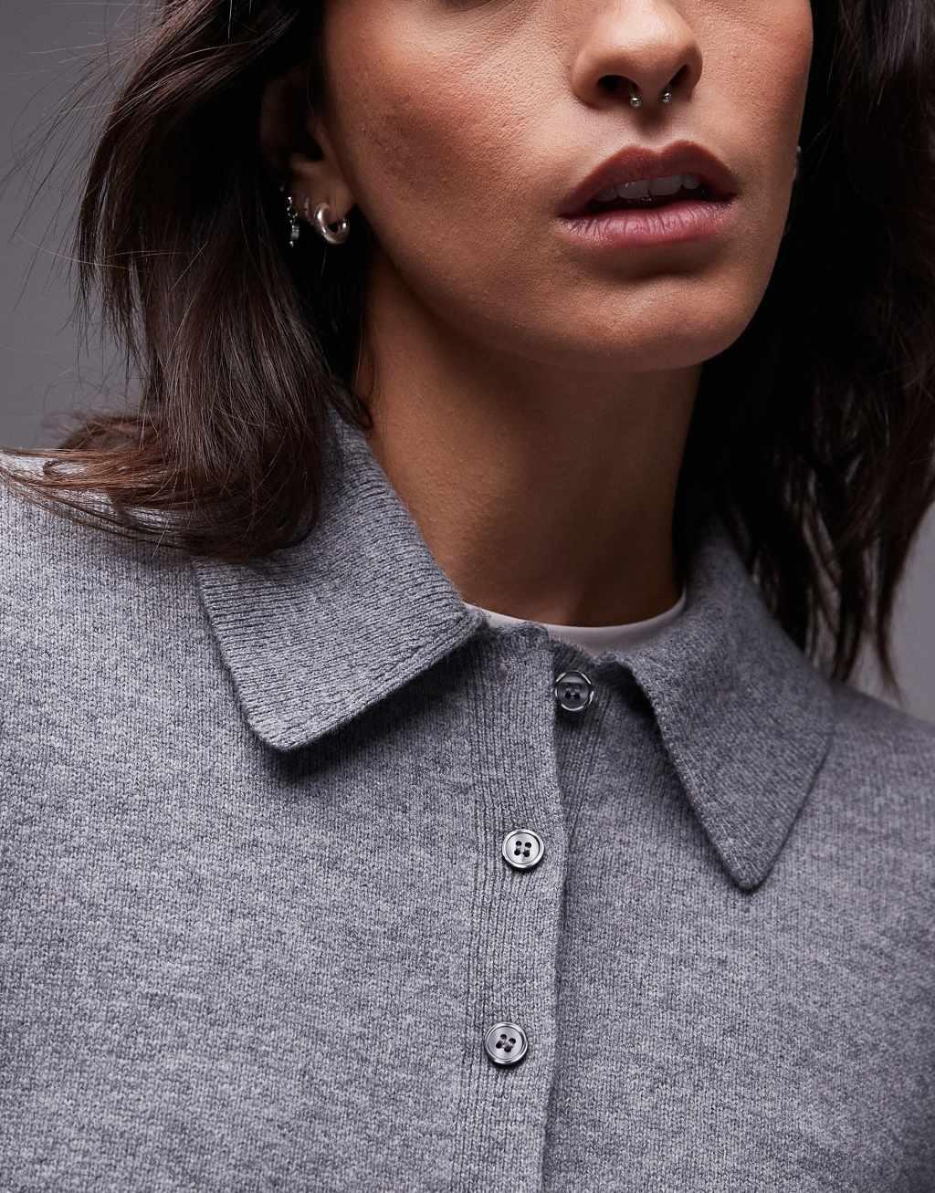 ARKET wool knit sweater with deep placket polo collar in gray melange Product Image