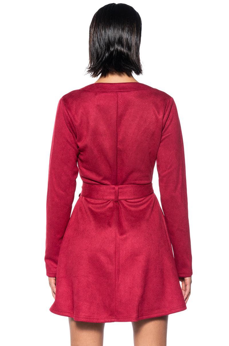 COVET FAUX SUEDE TRENCH MINI DRESS IN RED Product Image