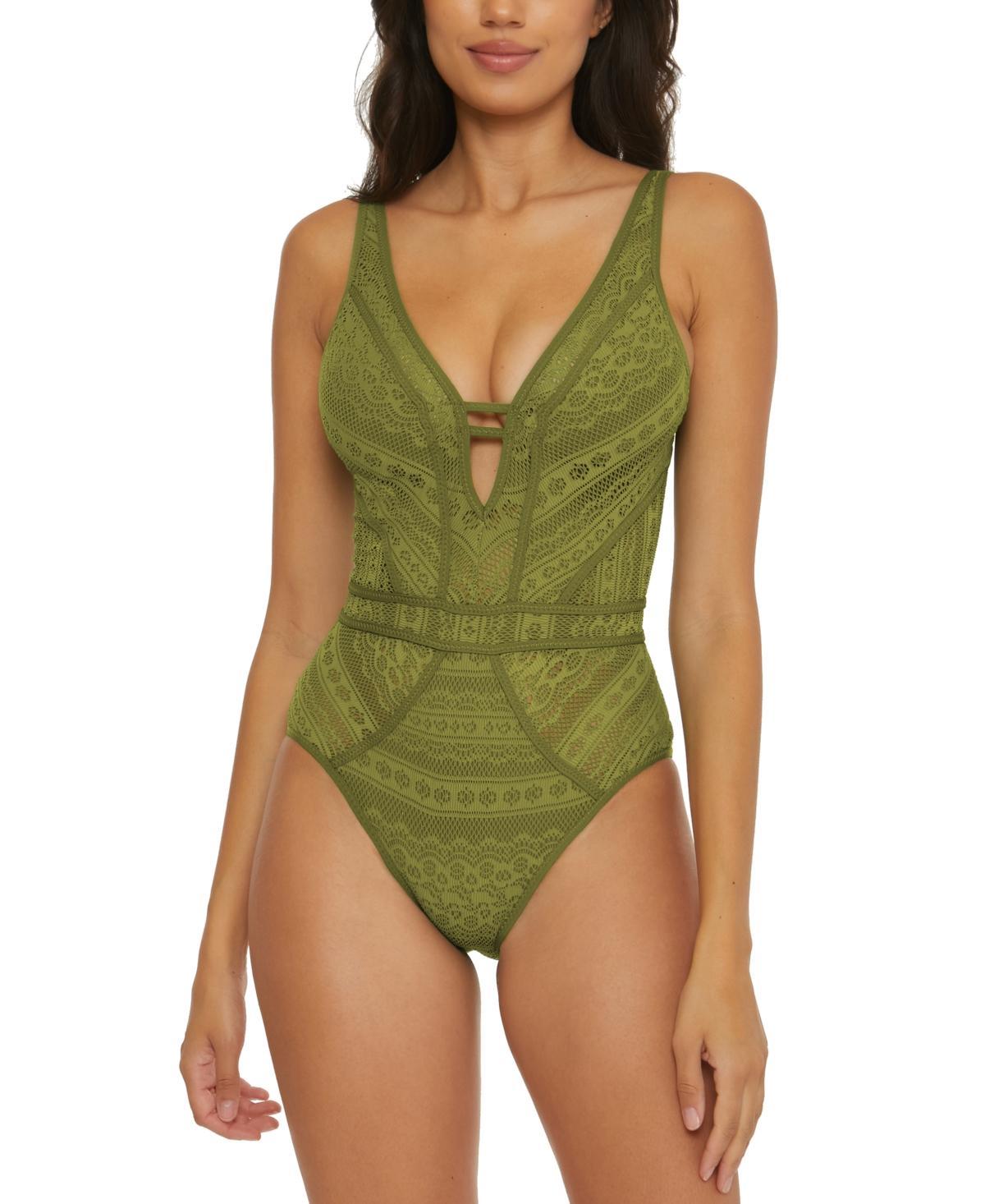 Becca Womens Crochet Plunging One-Piece Keyhole Swimsuit Product Image