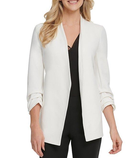 DKNY by Donna Karan Scuba Crepe Ruched 3/4 Ruched Sleeve Open Front Jacket Product Image