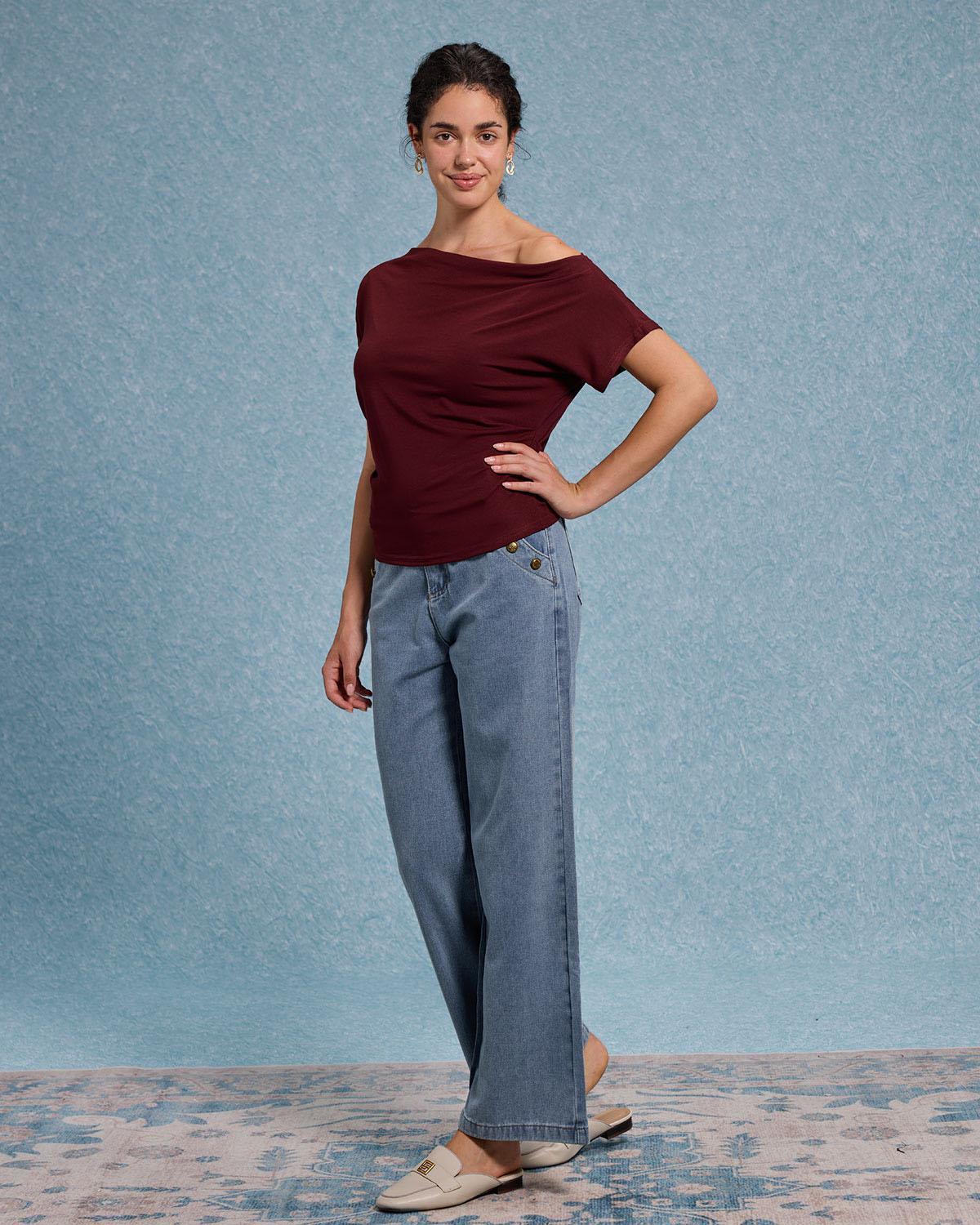 Red Cowl Sleeve Off The Shoulder Tee Product Image