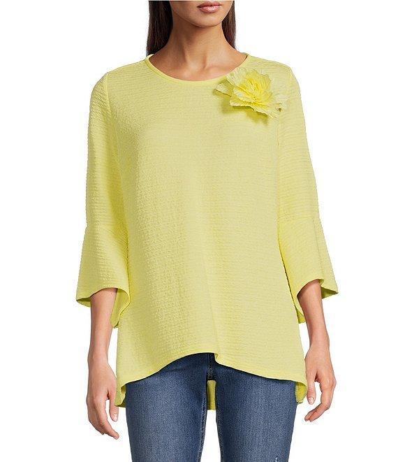Calessa Textured Pucker Knit Crew Neck 3/4 Flare Sleeve Top Product Image