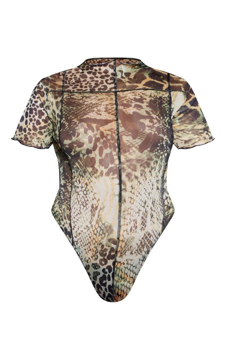 Green Leopard Print Mesh Exposed Seam Bodysuit Product Image