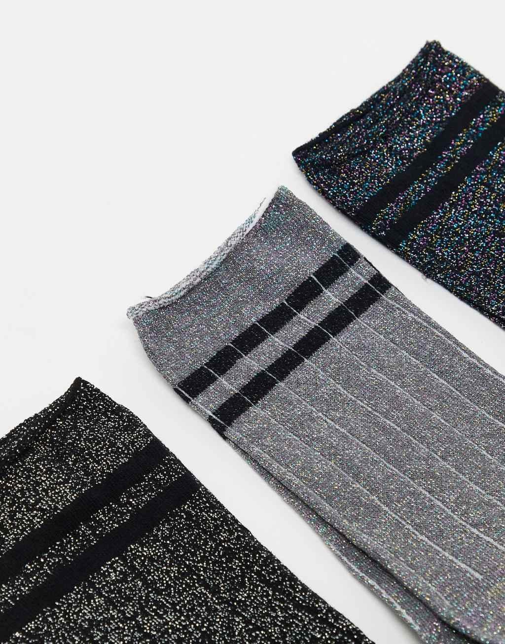 ONLY 3-pack stripe lurex socks in dark gray silver Product Image