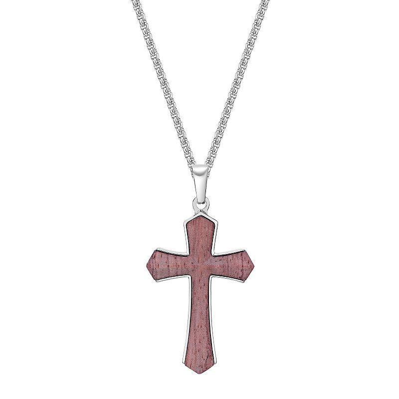 Mens LYNX Stainless Steel & Babinga Wood Cross Pendant Necklace Product Image