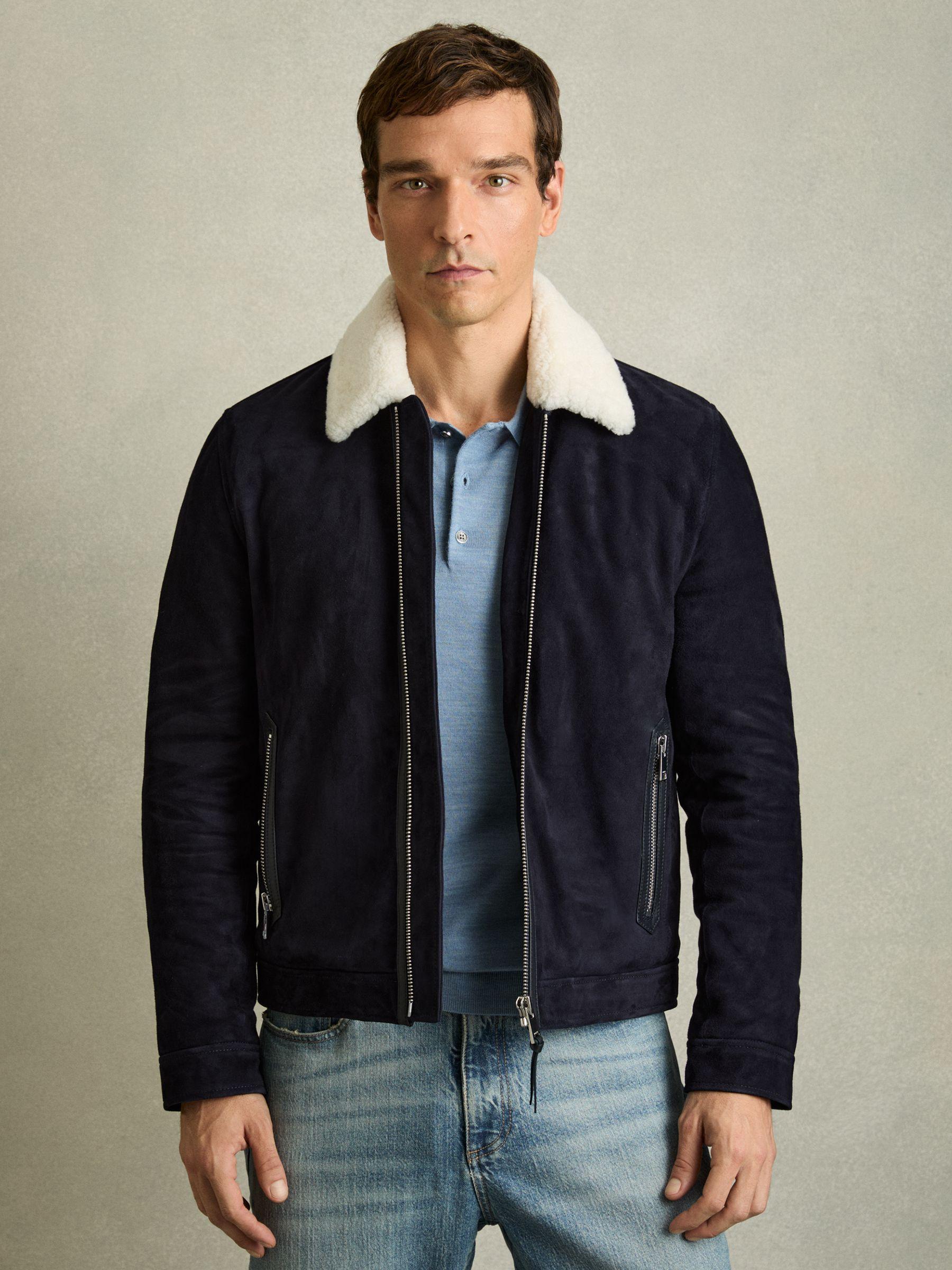 Suede Shearling-Collar Jacket in Navy Product Image
