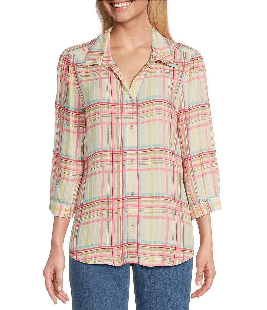 Allison Daley Coral Plaid Print 3/4 Sleeve Point Collar Button Front Shirt Product Image