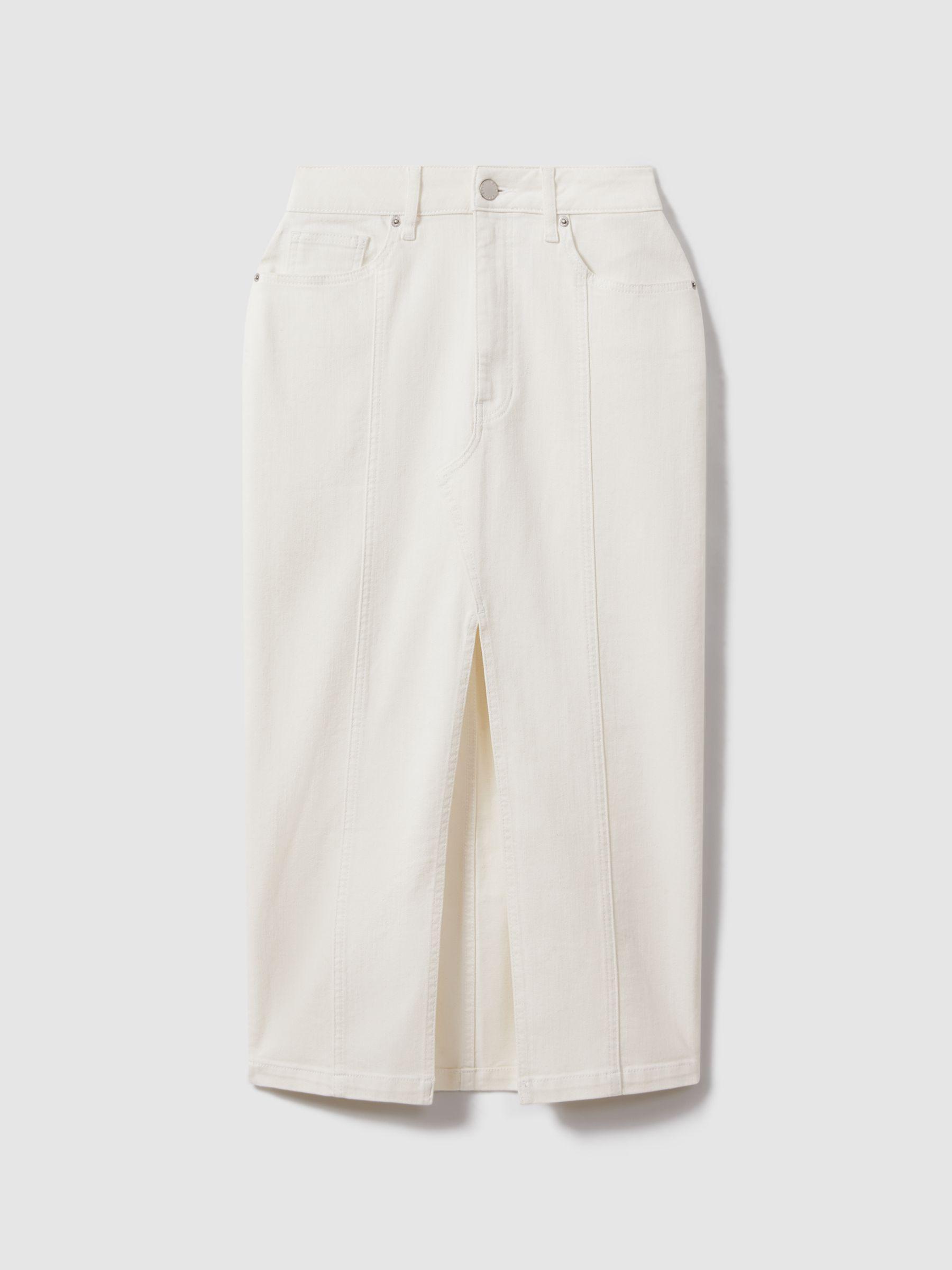 High Rise Denim Midi Skirt in Ivory Product Image