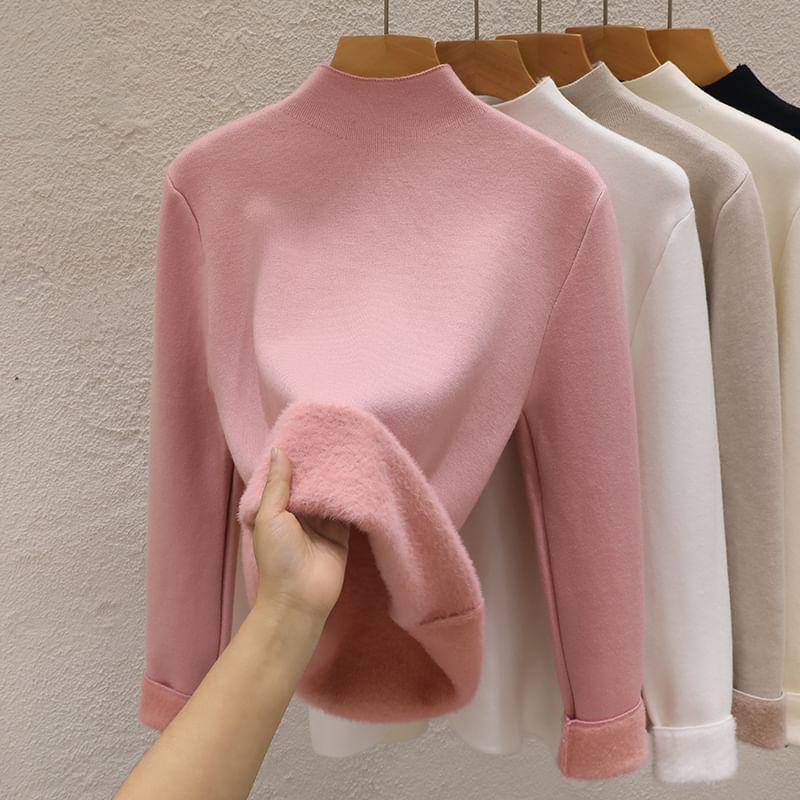 Long-Sleeve Mock Neck Plain Fleece Knit Top Product Image