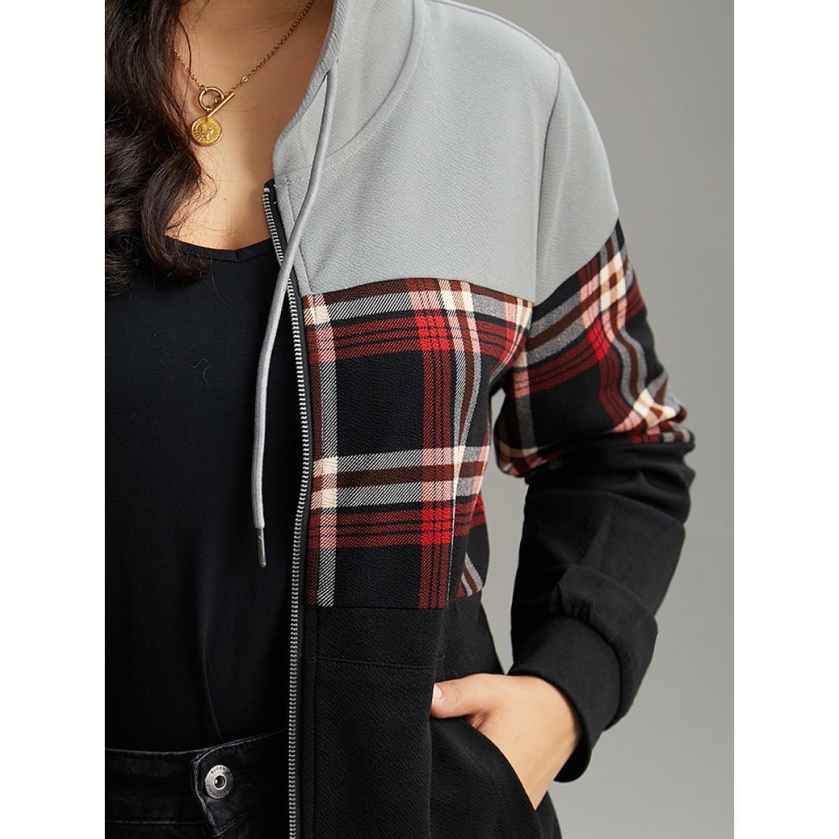 Plus Size Plaid Contrast Hooded O Ring Zipper Jacket Women Black Contrast Pocket Dailywear Jackets BloomChic 26/4X Product Image