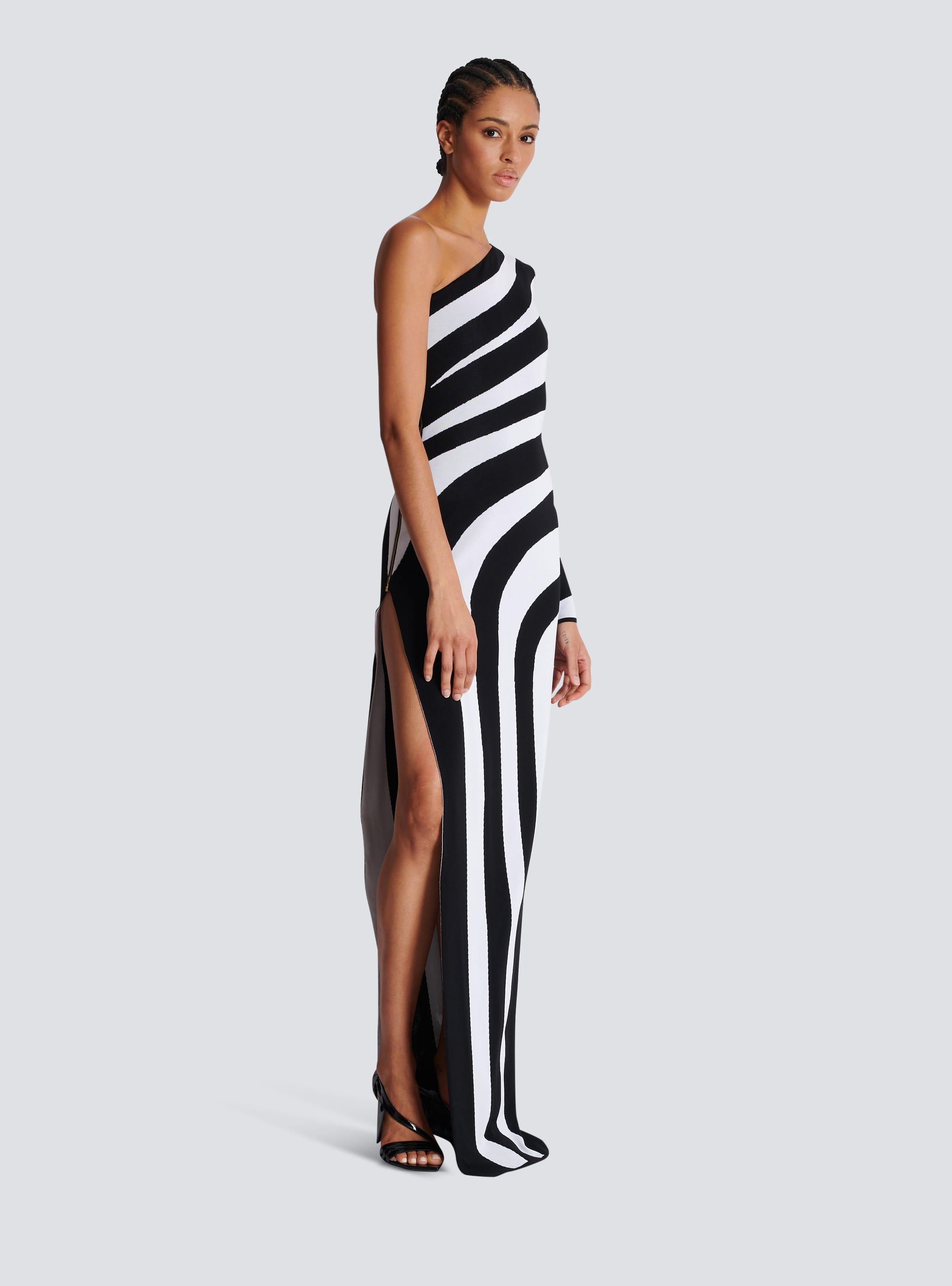 Long asymmetrical striped knit dress Product Image