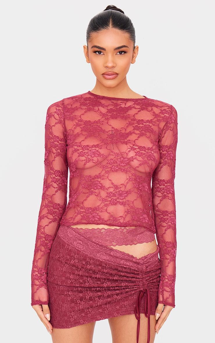 Burgundy Lace Long Sleeve Top Product Image